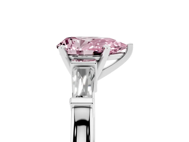 Fancy Pink Pear Cut Diamond Solitaire Ring Set in White gold with Tapered Baguette Accents and Prong Setting