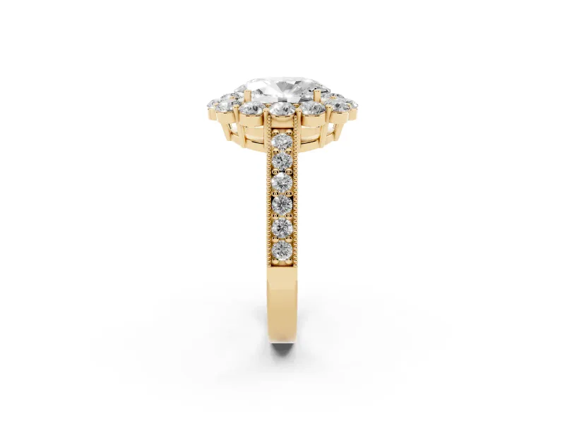 Oval Vintage Halo Engagement Ring Setting | Milgrain Channel Band | Yellow Gold