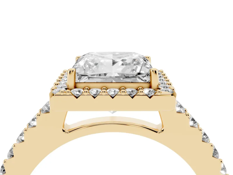 Princess Cut Diamond Halo Pavé Solitaire Ring Set in Yellow gold with Prong-Set Center Stone