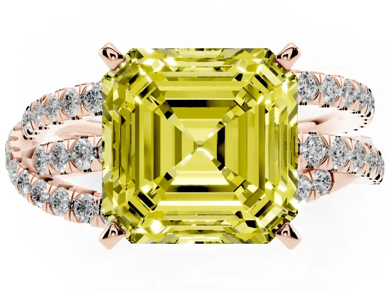 Fancy Yellow Asscher Cut Diamond Solitaire Twist Band Ring Set in Rose gold with Pavé Setting and Prong Head
