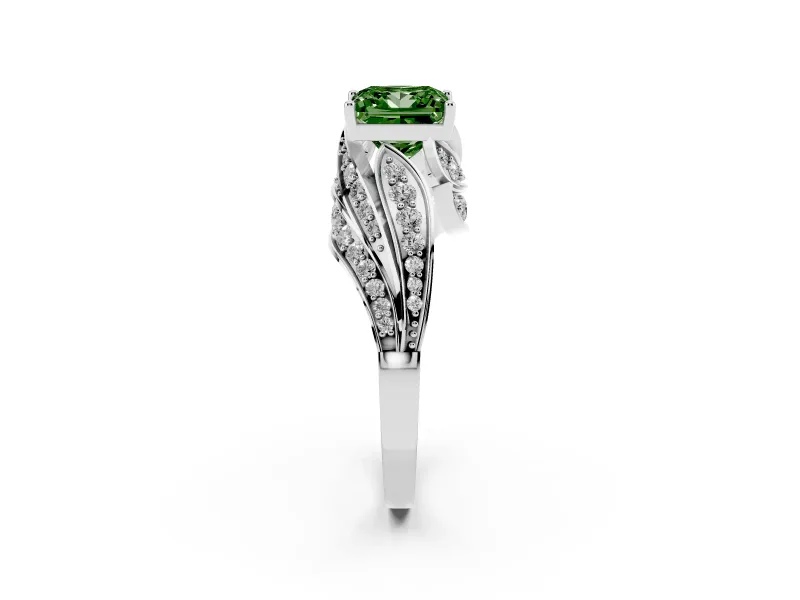 Fancy Green Princess Cut Diamond Solitaire Ring Set in Platinum with Layered Twist Pavé Band