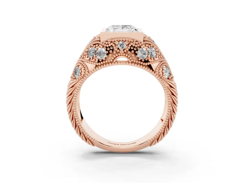 Princess Cut Diamond Bezel Ring Set in Rose gold with Milgrain Accent Band