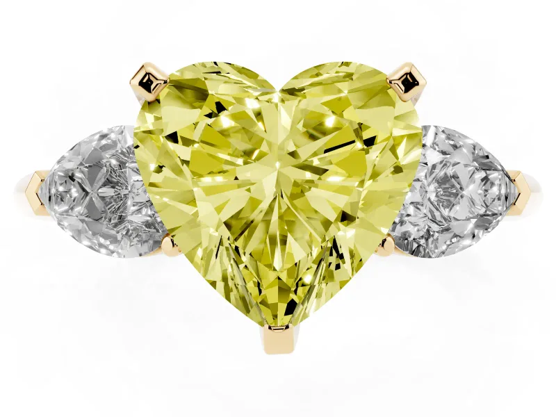 Fancy Yellow Three-Stone Heart Cut Diamond Ring Set in Yellow gold with Pear Side Stones and Prong Setting