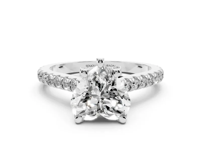 Heart Cut Diamond Solitaire Ring Set in White gold with Brilliant Pavé Band and Prong Setting