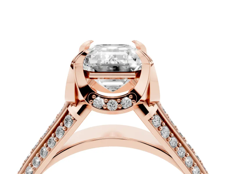 Emerald Cut Hidden Halo Engagement Ring Setting | Triple Row Pavé Band | Rose Gold
