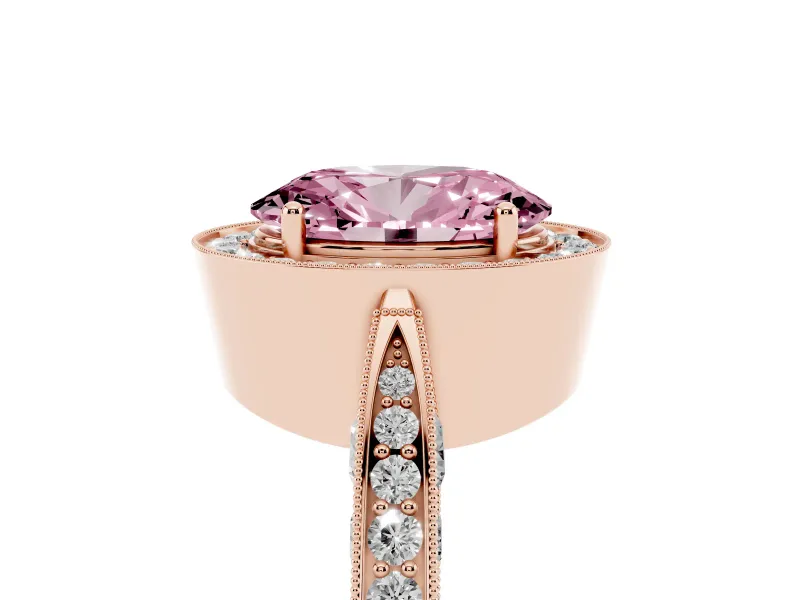 Oval Vintage Milgrain Halo Engagement Ring Setting for a Fancy Pink Lab-Grown Diamond | Side Stones and Pave | Rose Gold