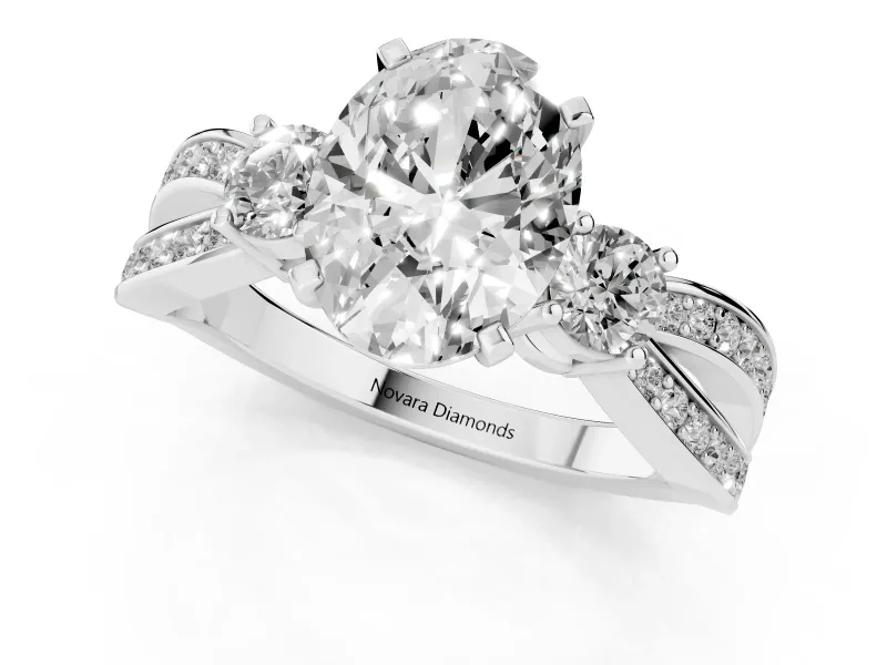 Oval Three-Stone Pavé Twist Engagement Ring Setting | Split Shank | White Gold