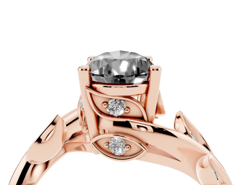 Fancy Black Pear Cut Diamond Solitaire Twist Engagement Ring Set in Rose gold with Pavé Leaf Accents
