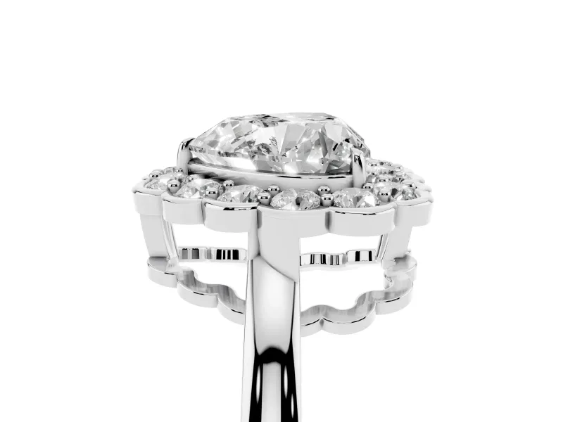 Heart-Shaped Scalloped Cluster Halo Engagement Ring Setting | Plain Band | Sterling Silver