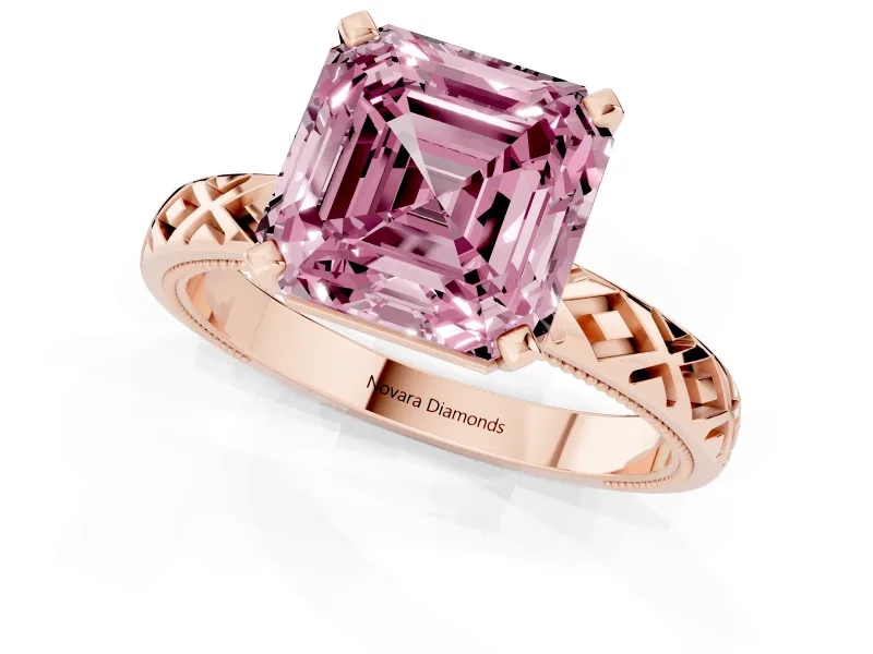 Fancy Pink Asscher Cut Diamond Solitaire Ring Set in Rose gold with Milgrain and Black Enamel X Pattern Band