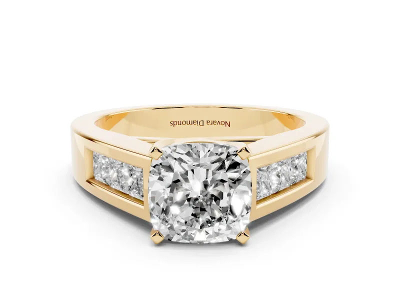 Cushion Cut Diamond Solitaire Ring Set in Yellow gold with Channel-Set Accent Stones and Prong Setting