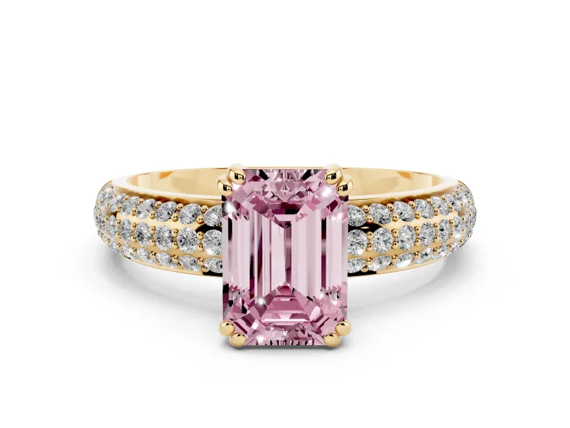 Fancy Pink Emerald Cut Diamond Solitaire Ring Set in Yellow gold with Multi-Row Round Pavé Band and Prong Setting