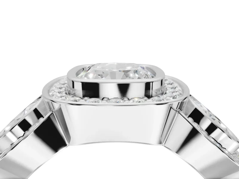Cushion Cut Three Stone Halo Engagement Ring Setting | Bezel Set | Platinum
