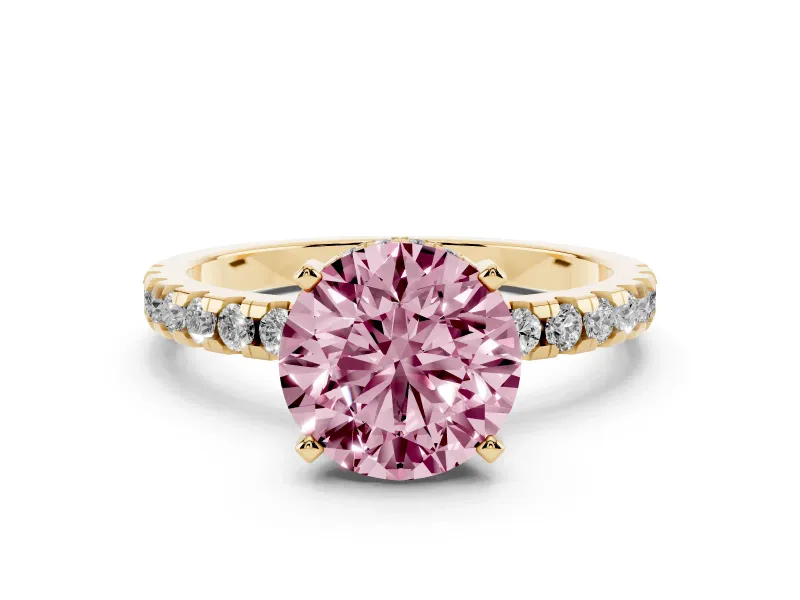 Fancy Pink Round Cut Diamond Pavé Solitaire Ring Set in Yellow gold with Round Band Accents and Prong Setting