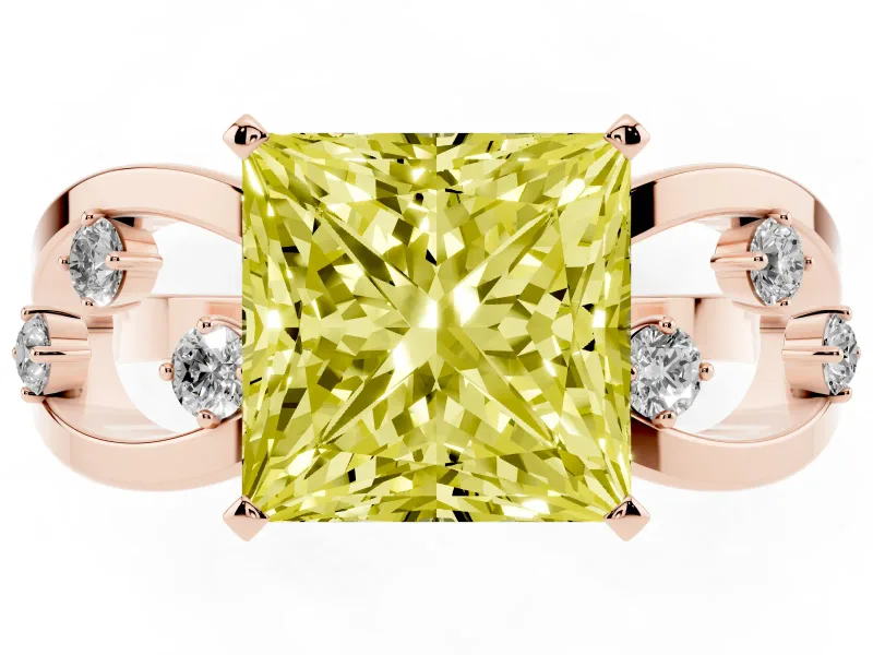 Fancy Yellow Princess Cut Diamond Solitaire Ring Set in Rose gold with Side Stones on Criss-Cross Band and Prong Setting