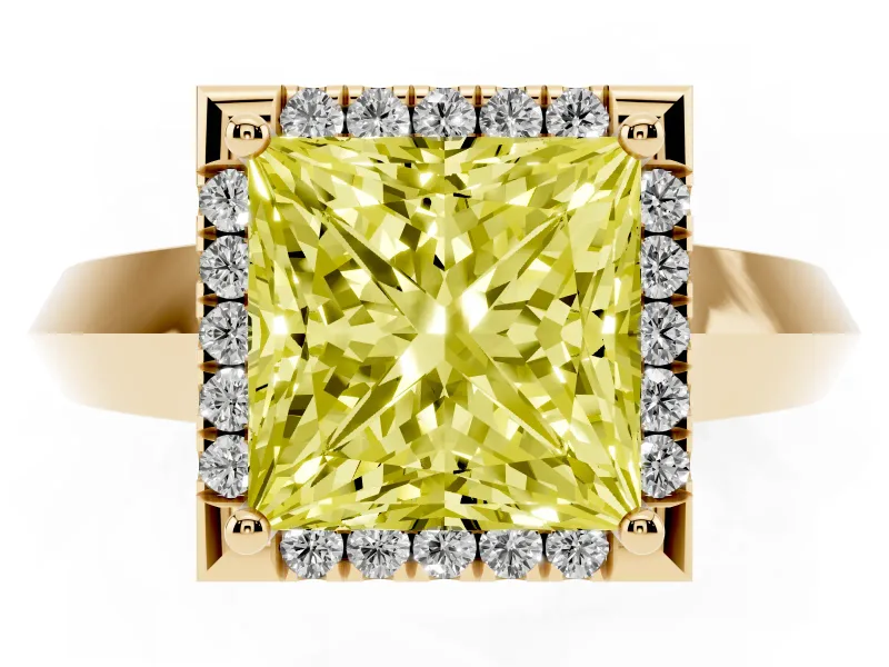 Fancy Yellow Princess Cut Diamond Halo Ring Set in Yellow gold with Cathedral Band and Prong Setting