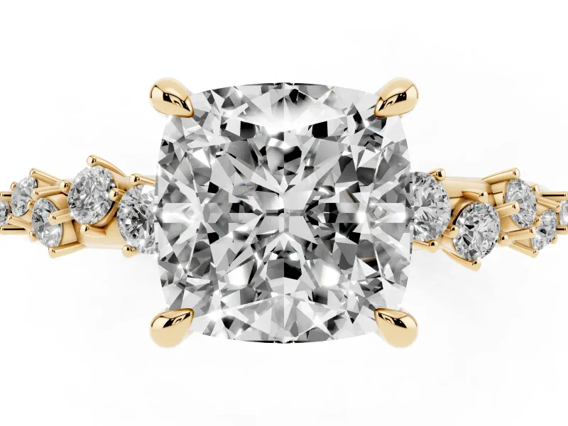 Cushion Cut Diamond Solitaire Vine Band Ring Set in Yellow gold with Round Accents and Prong Setting