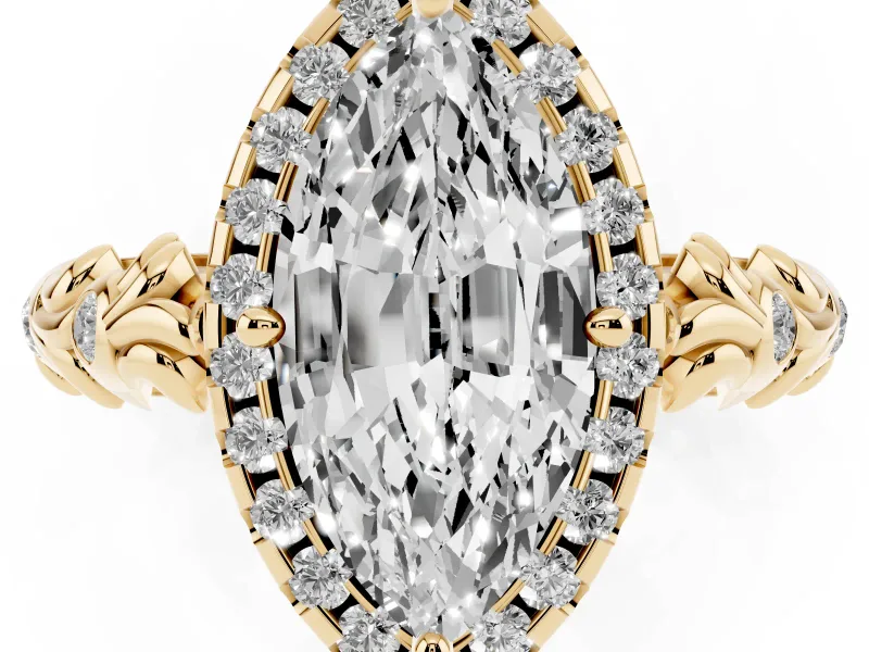 Marquise Filigree Leaf Halo Engagement Ring Setting | Bezel Leaf Accents | Yellow Gold