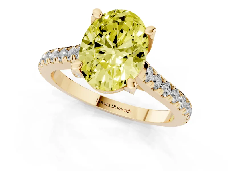 Oval Hidden Halo Pave Engagement Ring Setting for a Fancy Yellow Lab-Grown Diamond | Claw Prongs | Yellow Gold