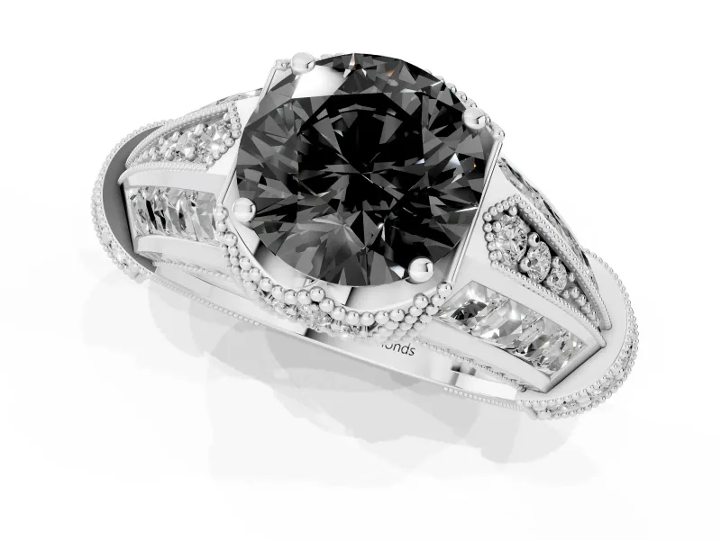 Fancy Black Round Cut Diamond Vintage-Inspired Milgrain Ring Set in Platinum with Accent Split Shank