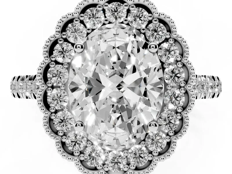 Oval Cut Diamond Milgrain Floral Halo Engagement Ring Set in White gold with Pavé Band