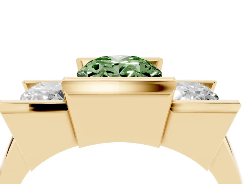 Oval Channel-Set Three Stone Engagement Ring Setting for a Fancy Green Lab-Grown Diamond | Wide Flat Band | Yellow Gold