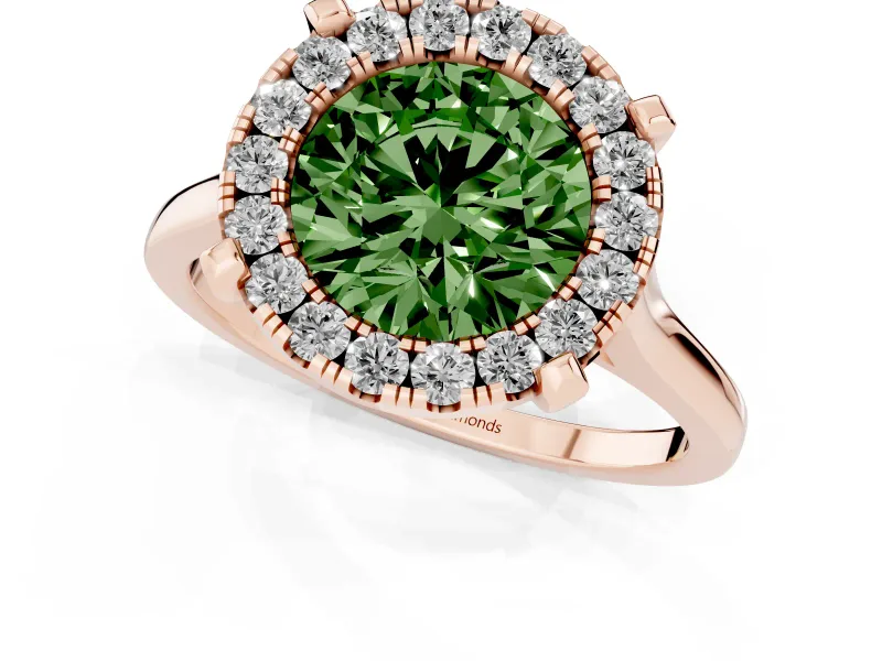 Round Halo Engagement Ring Setting for a Fancy Green Lab-Grown Diamond | Claw Corners | Rose Gold