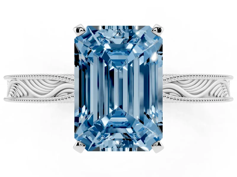Fancy Blue Emerald Cut Diamond Solitaire Milgrain Engraved Band Set in White gold with Prong Setting