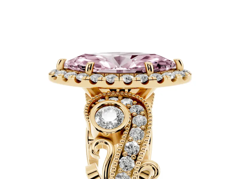 Fancy Pink Marquise Cut Diamond Halo Ring Set in Yellow gold with Milgrain Pavé Band and Prong Setting