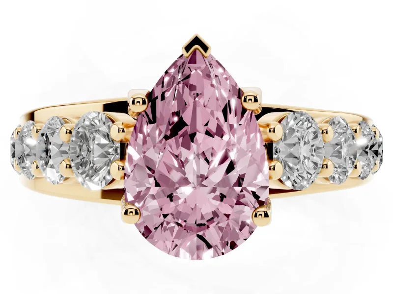 Fancy Pink Pear Cut Diamond Pavé Engagement Ring Set in Yellow gold with Prong Setting