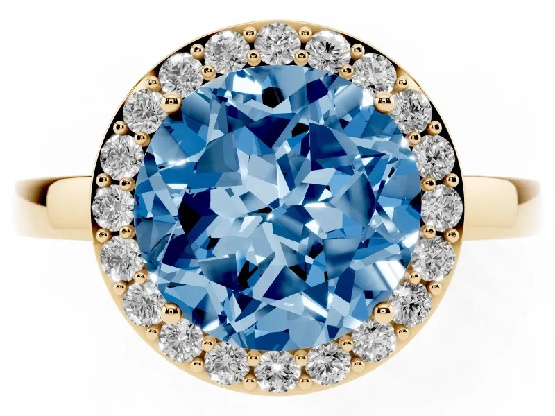Round Thin Halo Low Profile Engagement Ring Setting for a Fancy Blue Lab-Grown Diamond | Slim Plain Band | Yellow Gold