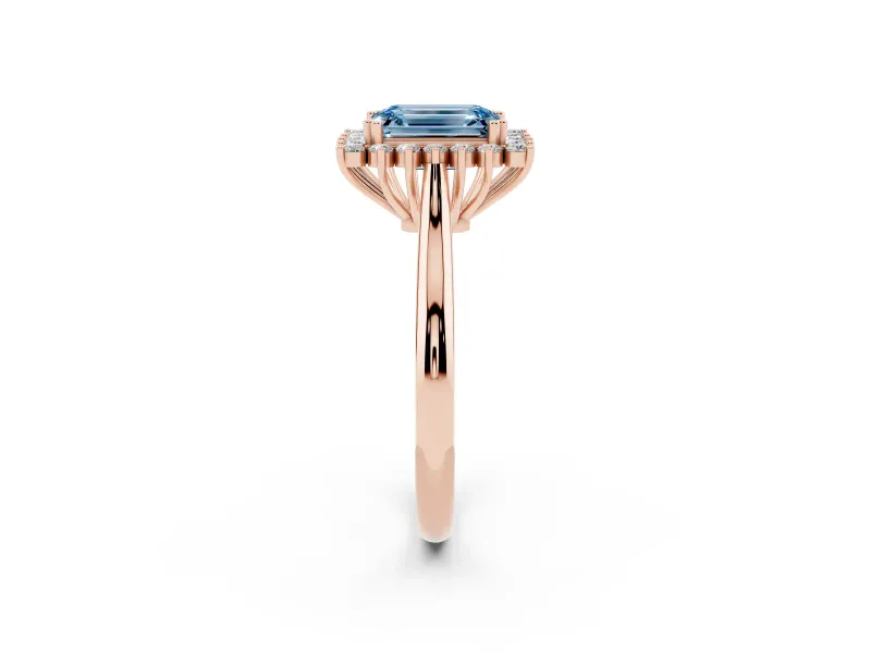Fancy Blue Emerald Cut Diamond Halo Ring Set in Rose gold with Plain Solitaire Band and Prong Setting