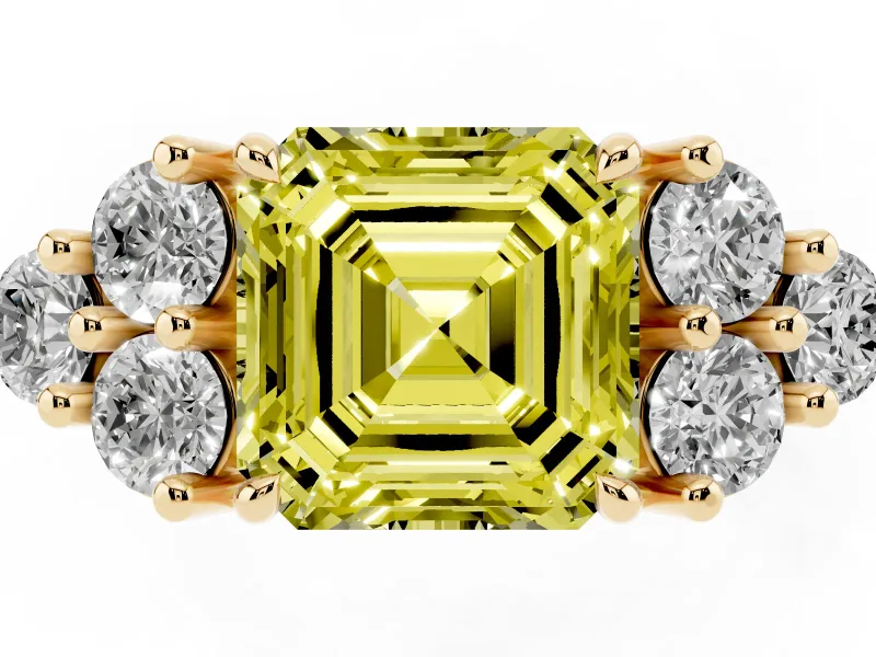 Asscher Cut Cluster Side Stone Engagement Ring Setting for a Fancy Yellow Lab-Grown Diamond | Plain Band | Yellow Gold
