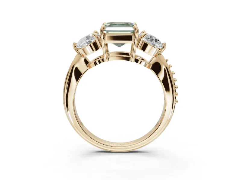 Asscher Cut Three Stone Engagement Ring Setting for a Fancy Green Lab-Grown Diamond | Tapered Pave Band | Yellow Gold