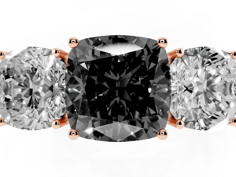 Cushion Cut Three Stone Engagement Ring Setting for a Black Center | Beaded Shoulders | Rose Gold