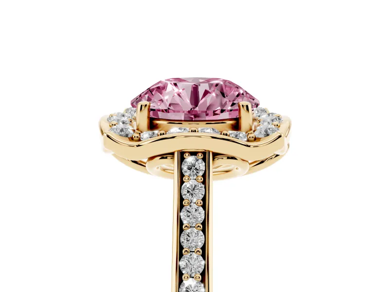 Round Halo Engagement Ring Setting for a Fancy Pink Lab-Grown Diamond | Petal Tips | Yellow Gold