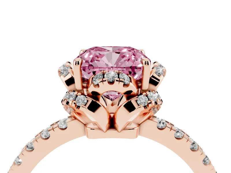 Fancy Pink Cushion Cut Diamond Halo Pavé Band Ring Set in Rose gold with Prong-Held Center