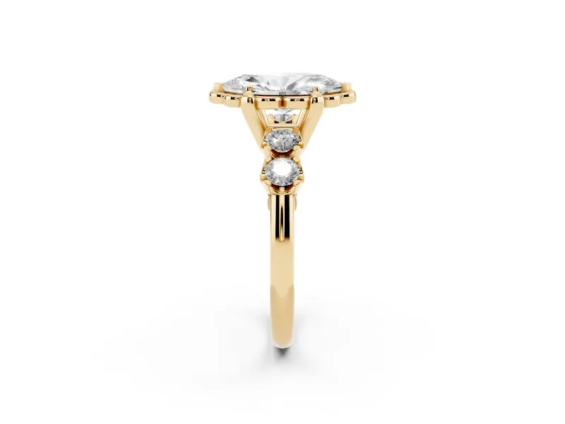 Marquise Floral Engagement Ring Setting | Petal Frame and Side Stones | Yellow Gold
