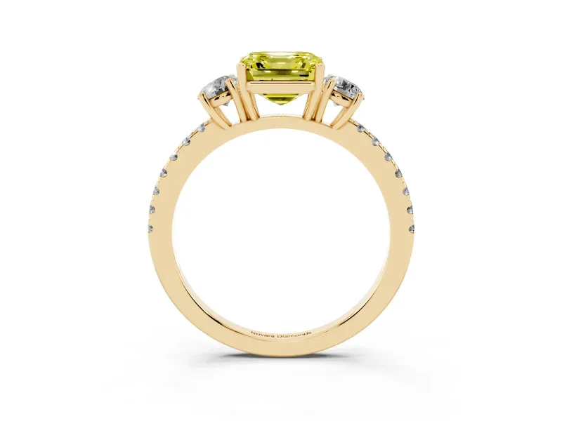 Asscher Cut Three Stone Engagement Ring Setting for a Fancy Yellow Lab-Grown Diamond | Pave Shoulders | Yellow Gold