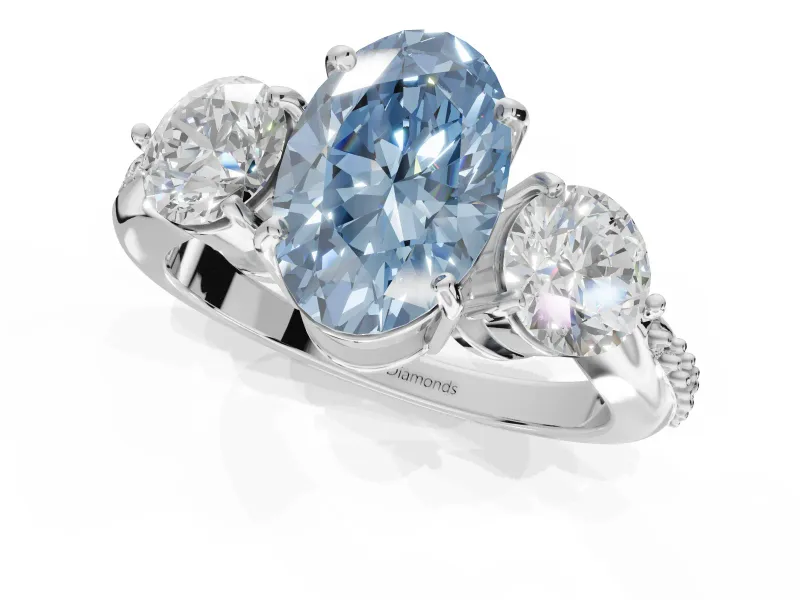 Oval Three Stone Engagement Ring Setting for a Fancy Blue Lab-Grown Diamond | Tapered Pave Band | Platinum