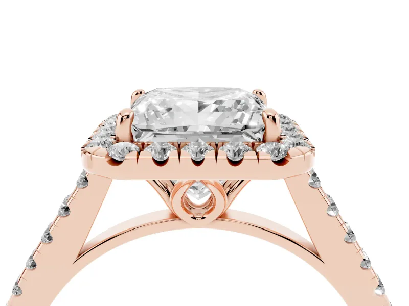 Princess Cut Raised Halo Engagement Ring Setting | Pave Band | Rose Gold