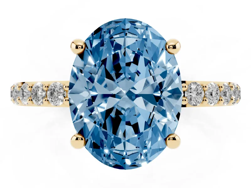 Oval Pave Solitaire Engagement Ring Setting for a Fancy Blue Lab-Grown Diamond | Pave Shoulders | Yellow Gold