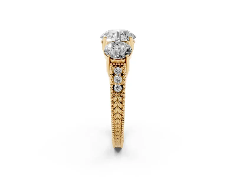 Round Vintage Three Stone Engagement Ring Setting | Milgrain Pavé Band | Yellow Gold