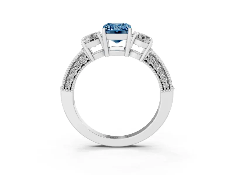 Emerald Cut Three Stone Engagement Ring Setting for a Fancy Blue Lab-Grown Diamond | Graduated Pave Band | Platinum