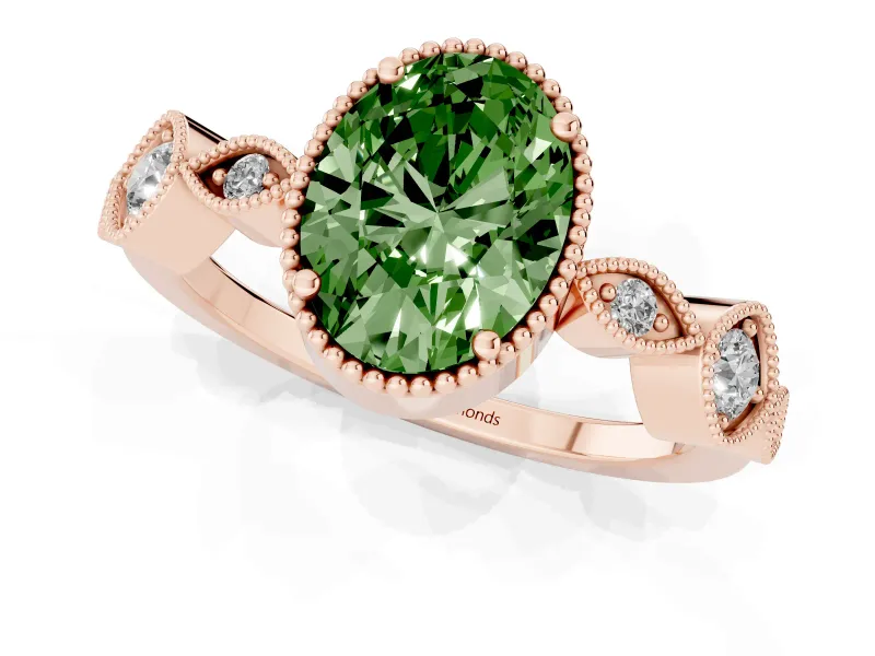 Fancy Green Oval Cut Diamond Vintage-Inspired Milgrain Ring Set in Rose gold with Marquise Stations of Round Accents