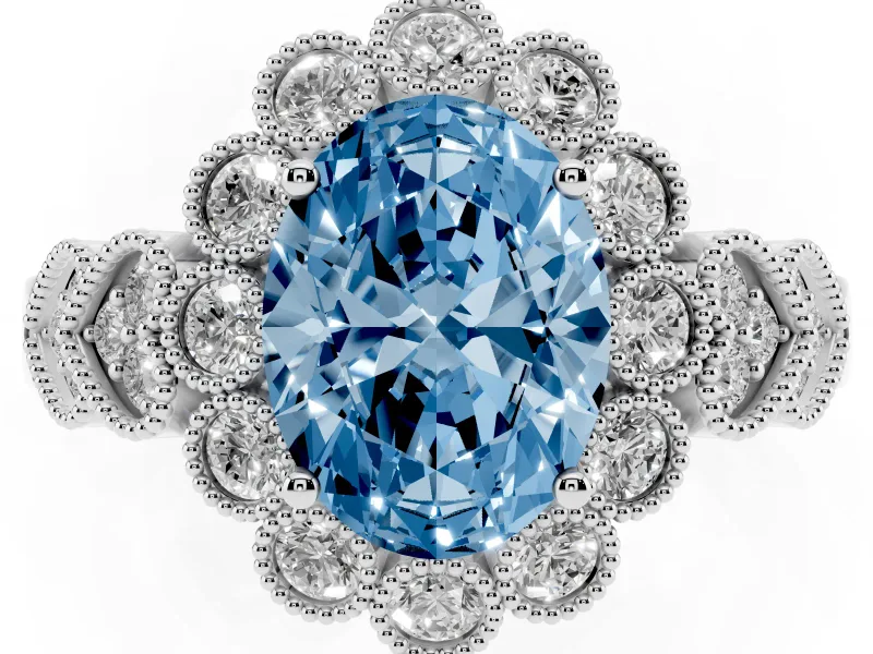 Oval Scalloped Halo Engagement Ring Setting for a Fancy Blue Lab-Grown Diamond | Heart Pavé Band | Platinum