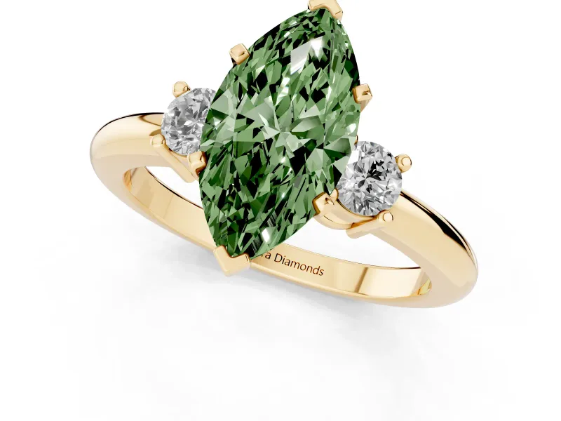 Fancy Green Three-Stone Marquise Cut Diamond Ring Set in Yellow gold with Prong Setting and Plain Band
