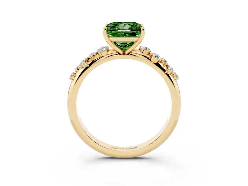 Fancy Green Princess Cut Diamond Cluster Solitaire Ring Set in Yellow gold with Prong Setting