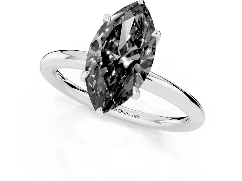 Fancy Black Marquise Cut Diamond Solitaire Ring Set in Silver with Thin Band and Prong Setting