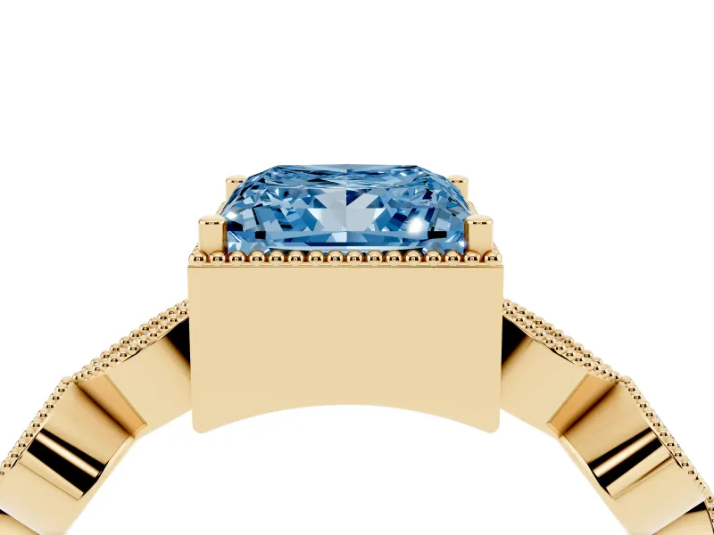 Fancy Blue Princess Cut Diamond Vintage-Inspired Milgrain Ring Set in Yellow gold with Marquise Stations of Round Accents